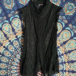 Lace Mock Neck Short Sleeve Button Up Blouse